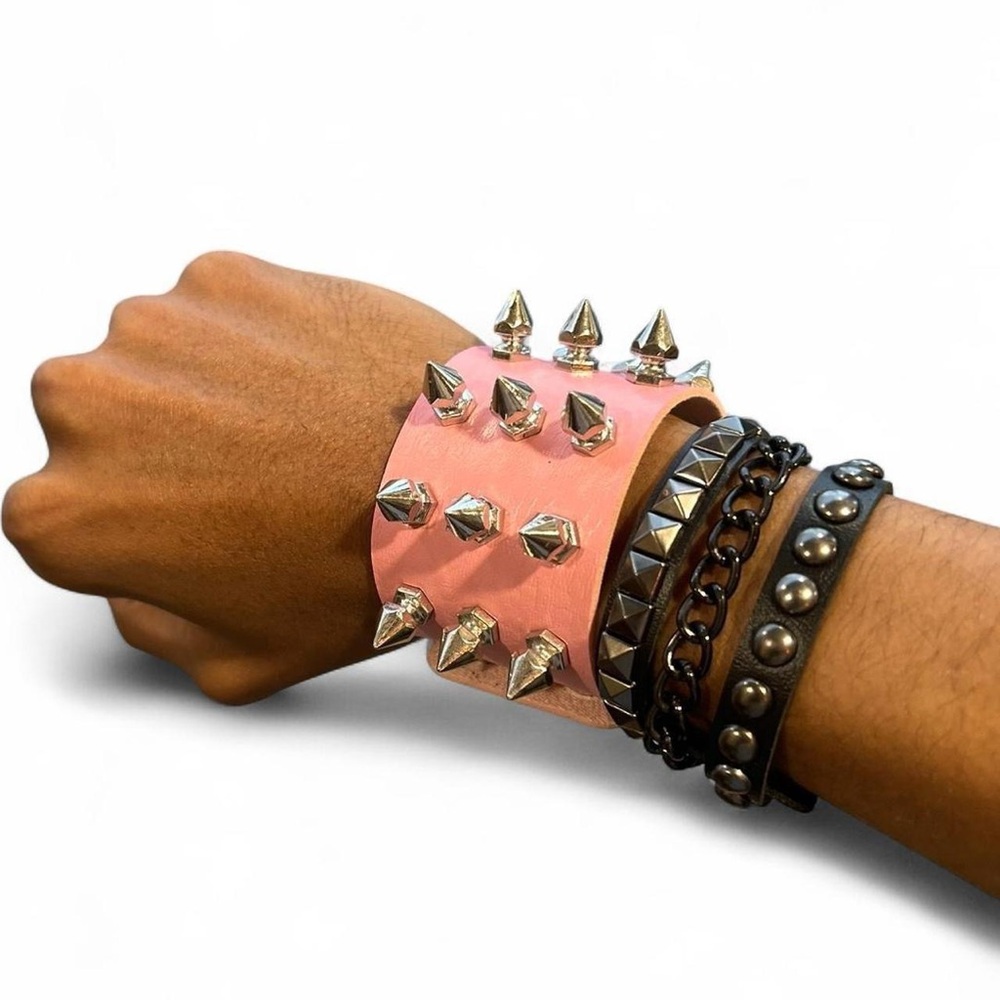 2 pcs Punk Gothic  Pink and black studded spiked  Faux leather bracelets